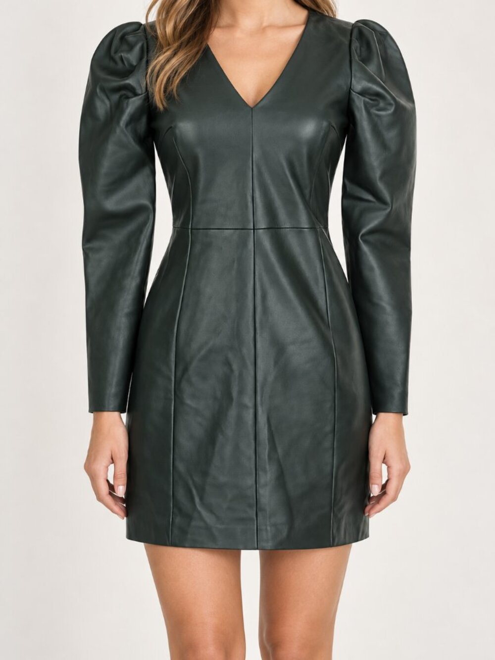 AQUA Women's Dark Green Faux Leather Puff Sleeve Mini Dress, 2